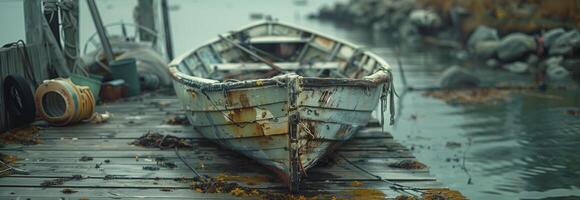 An old boat sits on the dock photo