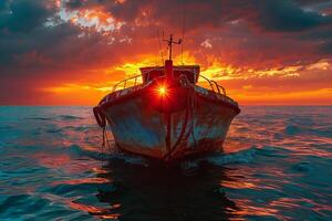 A boat in the ocean at sunset photo