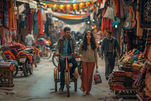 A man and woman walking through a narrow alleyway photo