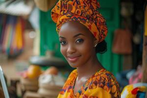 A woman in an african dress is smiling photo