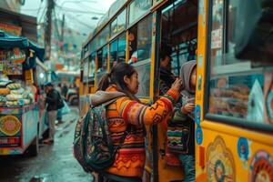 A woman is getting on a bus photo