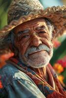 An old man with a straw hat and a smile photo