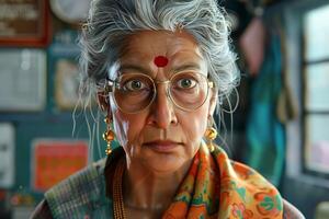 An older woman wearing glasses and a colorful scarf photo