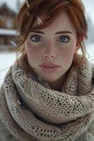 A woman with freckles in the snow photo