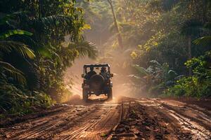 A jeep driving down a dirt road in the jungle photo