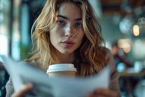 A woman is reading a newspaper while holding a cup of coffee photo