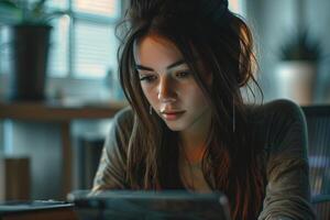 A woman is looking at a tablet computer photo