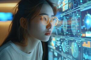 A woman wearing glasses looking at a computer screen photo