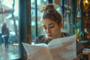 A woman is reading a book while sitting at a table photo