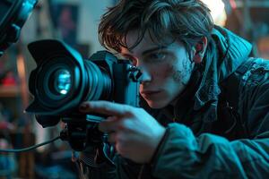 A young man is holding a camera in front of him photo