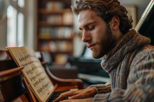A man is playing the piano in front of a bookcase photo