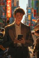 Anime boy in suit standing in the middle of a city street photo