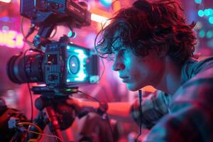A man with curly hair and a camera in front of neon lights photo