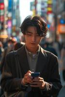un hombre en un traje es mirando a su teléfono foto