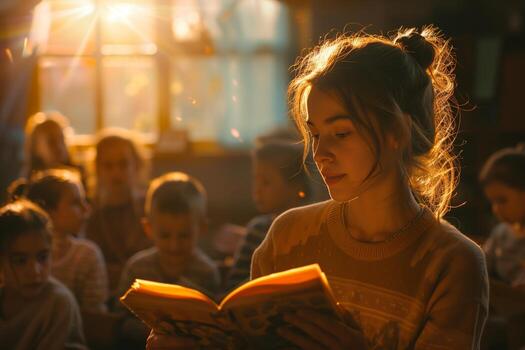 A girl reading a book in front of a classroom photo