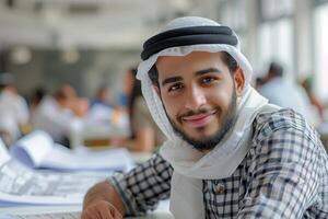 Arabic man in a headscarf sitting at a table photo