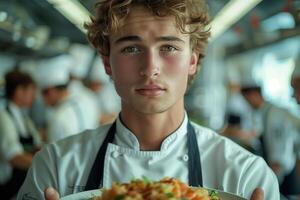 A young man in a chef's uniform holding a plate of food photo