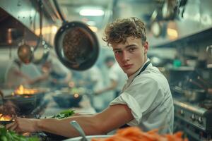 A young man in a white shirt in a commercial kitchen photo