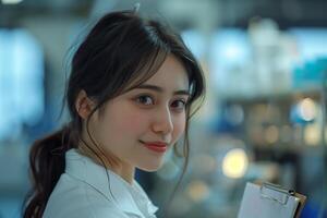 A woman in a lab coat holding a clipboard photo