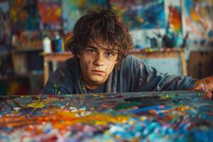 A boy sitting at a table with paint on it photo