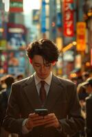 A man in a suit and tie is looking at his phone photo