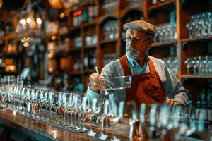 A man in an apron is standing behind a bar photo