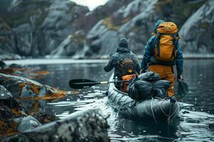 Two people in an inflatable kayak with backpacks photo