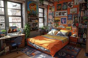 A bedroom with a bed, desk and lots of pictures photo