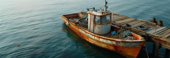 An old rusty boat is docked at a dock photo
