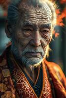 An old man in an oriental outfit photo