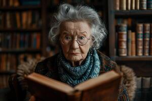 An old woman with glasses reading a book photo