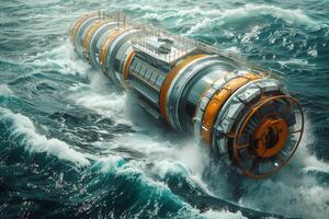 A submarine in the ocean with waves photo