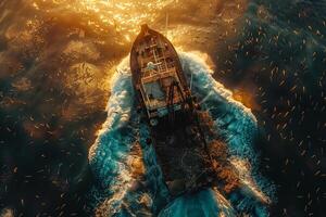 An aerial view of a boat in the ocean photo