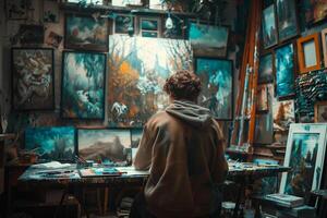 A man is working on his art in his studio photo