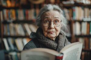 An older woman with glasses reading a book in a library photo
