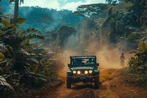 A jeep driving down a dirt road in the jungle photo