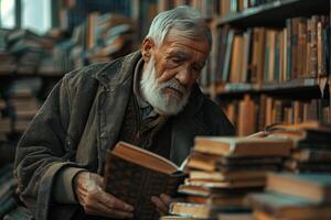 An old man with a beard and a book in a library photo