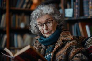 An older woman with glasses reading a book photo
