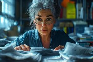A woman with glasses sitting at a desk with papers photo