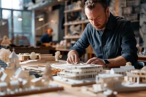 A man is working on a model of a building photo