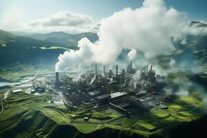 An aerial view of a factory with smoke coming out of it photo
