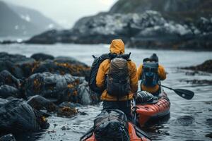 Two people in kayaks with backpacks photo