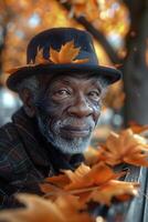 An old man wearing a hat and a scarf in autumn leaves photo