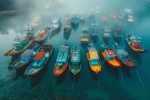 Many boats are docked in the water photo