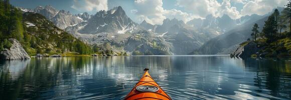 A kayak is floating in a lake surrounded by mountains photo