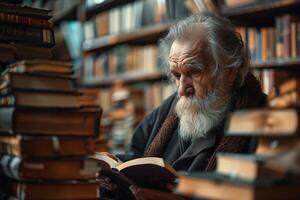 An old man with a beard reading a book in a library photo
