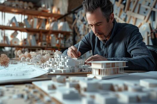 A man is working on a model of a building photo