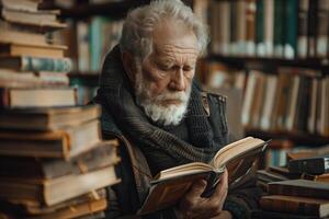 An old man with a beard reading a book in a library photo