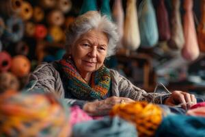 An elderly woman is knitting yarn in front of a pile of yarn photo