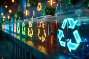 A row of recycling containers with colorful lights photo